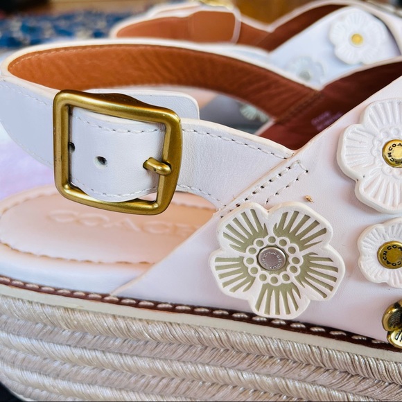 Coach Metallic white espadrille platform sandals with metallic flower studs. - Picture 9 of 11